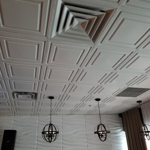 Modern Drop In Decorative PVC Ceiling Tiles in White matte. Drop In into existing 2x2 grid system. Easy to install faux tin tiles. Model#232