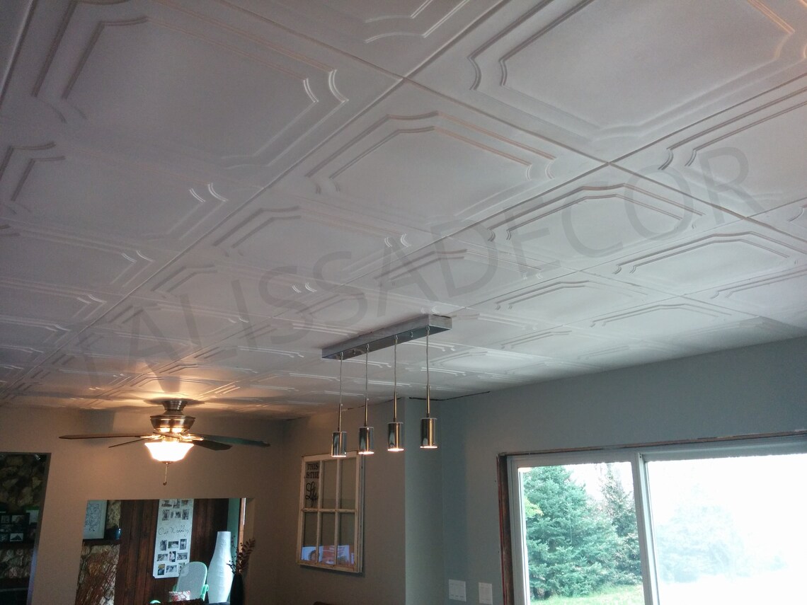 Styrofoam Ceiling Tiles cover popcorn ceiling. Easy DIY Etsy