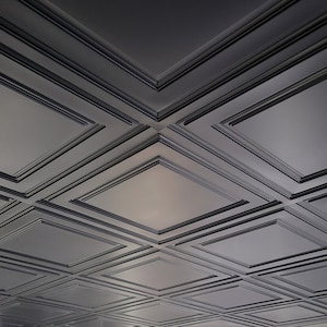 Drop In Decorative PVC Ceiling Tiles in Black matte. Drop In into the existing 2x2 grid system. Easy to install faux tin tiles.
