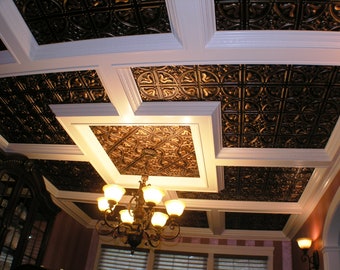 Glue up Faux Tin Decorative Ceiling Tiles in Antique Copper tiles in classic medieval style. Easy DIY installation.