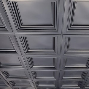 Coffered Faux Tin Decorative Ceiling Tiles in Black Matte. Drop In into the existing 2x2 grid system. Easy DIY installation. Box of 1/10/25 image 5