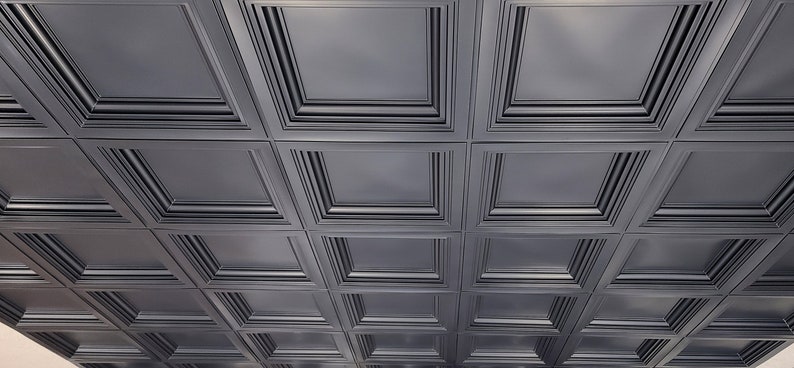 Coffered Faux Tin Decorative Ceiling Tiles in Black Matte. Drop In into the existing 2x2 grid system. Easy DIY installation. Box of 1/10/25 image 5