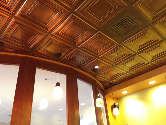 Faux Tin Ceiling Tiles Dropped Ceiling Or 3d Wall Paneling Glue Up Drop In 2x2 Grid System Easy To Install 10 Tiles In Antique Copper