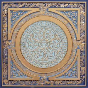Leafy Rondel Design - 2&#39;x2&#39; Faux Tin ceiling tiles/ wall panels. MDL#225 Glue-Up installation only. DIY any space with easy-to-install tiles