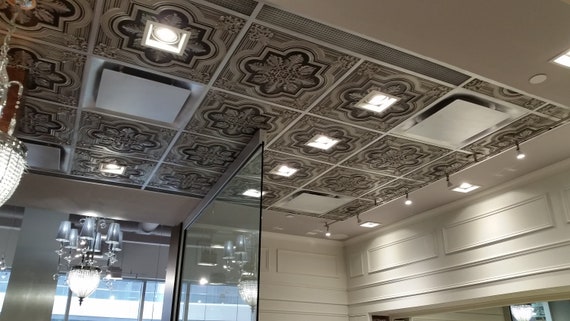 thumbnail image 2 of Eurodeco Antique Silver D117 PVC Ceiling Tiles – Tin Look 2'x2' Pack Of 6 2 of 3