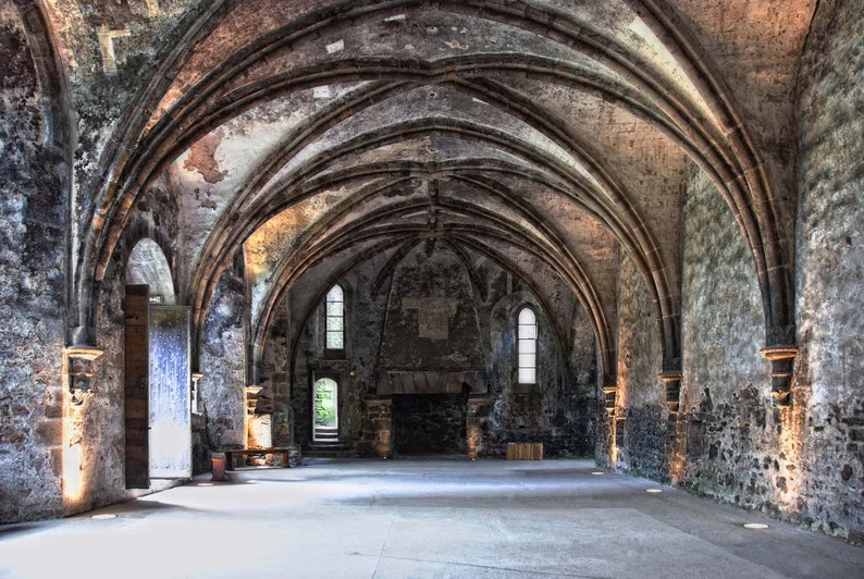 May include: A large, empty room with a vaulted ceiling and stone walls. The room is lit by natural light coming in through windows on the sides. The floor is made of stone and there is a fireplace in the back wall.