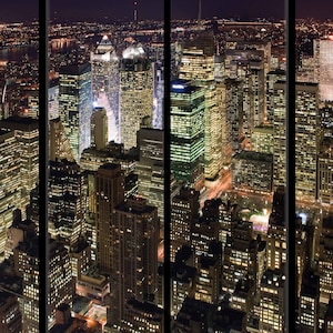 Manhattan at night with window frames - Removable Photo Mural. 3D effect Wall Art. Accent Wall Décor Prepasted Wall Mural #MU1383