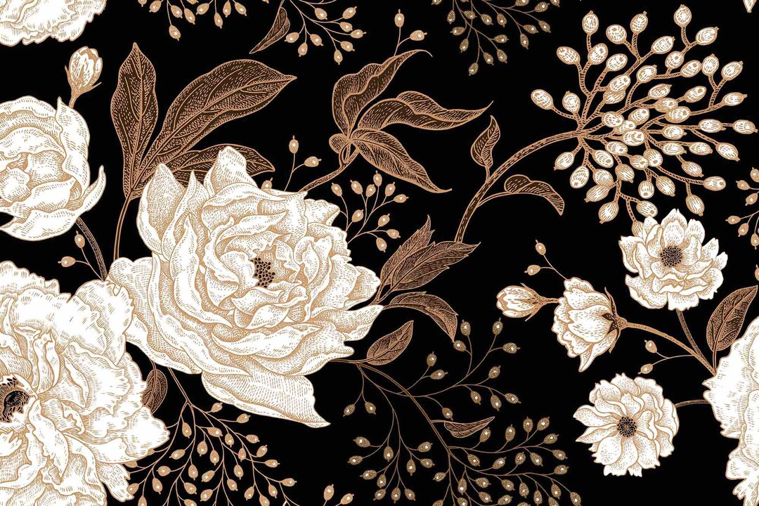 Big Flowers on Black Background Photo Mural Wall Art Print Removable ...