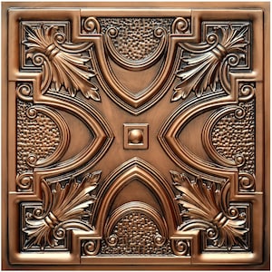 May include: A copper-coloured ceiling tile with an ornate, embossed design. The tile features a central cross shape with four decorative floral motifs in each corner.