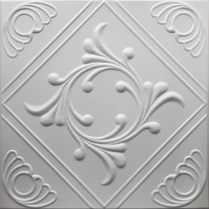 May include: White ceiling tile with a raised, embossed design of a stylized floral pattern. The design features a central circle with four curved leaves extending from it.