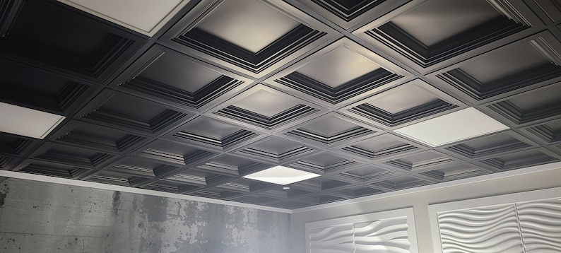 Coffered Faux Tin Decorative Ceiling Tiles in Black Matte. Drop In into the existing 2x2 grid system. Easy DIY installation. Box of 1/10/25 image 7