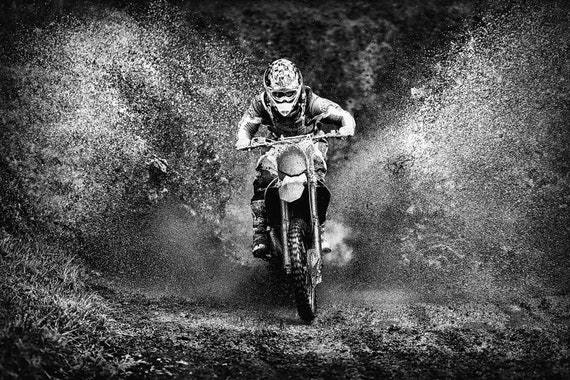 black and white dirt bike helmet photography Cross Country Motorcycle -black and white Photo Mural 3D effect Wall Art  Print Removable Wall Décor Accent Wall Prepasted Wall Mural #MU1949