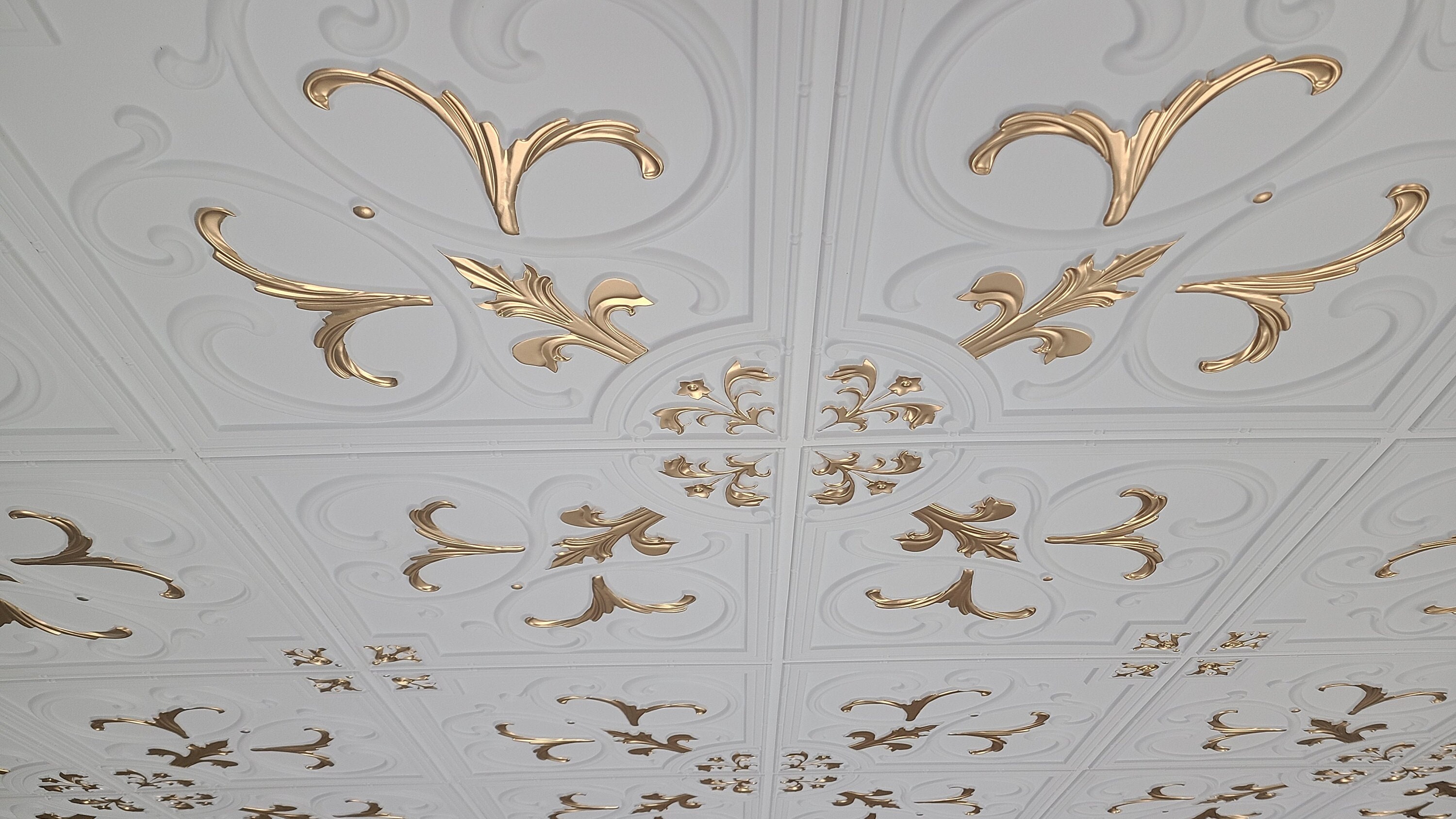 Elegant Faux Tin Ceiling Tiles in White Matte and Gold colors for Glue up or Drop In installation.Sample or 10 PVC Decorative ceiling panels