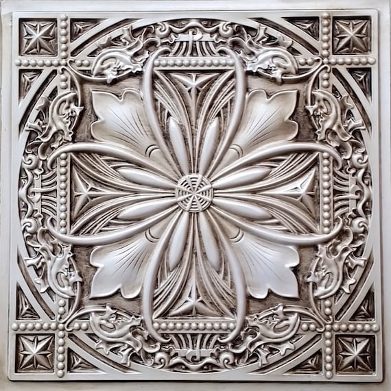 Decorative Faux Tin Ceiling Tiles For Dropped Ceiling Glue Up Or 3d Wall Decor Easy Diy Installation Pack Of 10 Tiles In Antique White