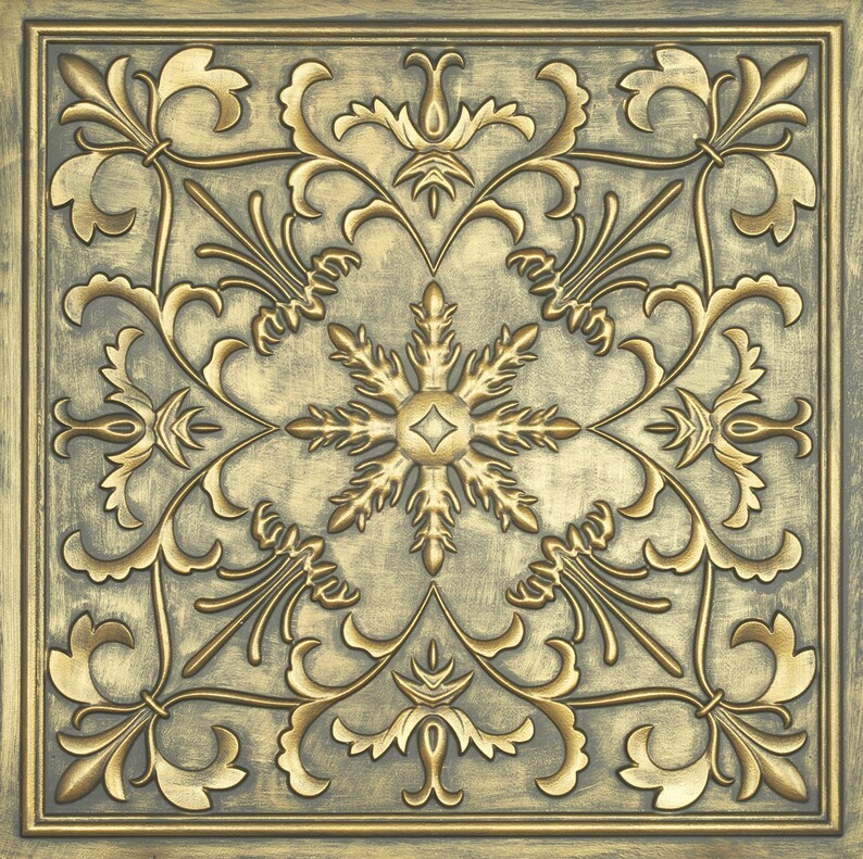 Pu&ograve; includere: Una piastrella decorativa con un designo ornamentale dorato. La piastrella presenta un motivo centrale a fiocco di neve circondato da intricati motivi floreali. Lo sfondo &egrave; di colore grigio tenue.