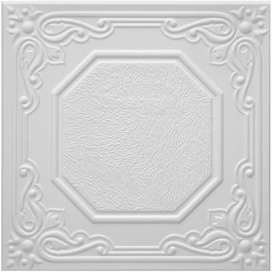 May include: White ceiling tile with an octagonal design in the center and a decorative border around the edges.