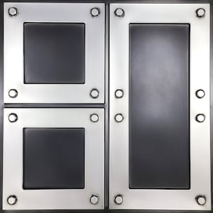 May include: A silver metal panel with three rectangular openings. The openings are framed with a raised border and have a dark gray background. The panel has eight silver hexagonal screws around the perimeter.