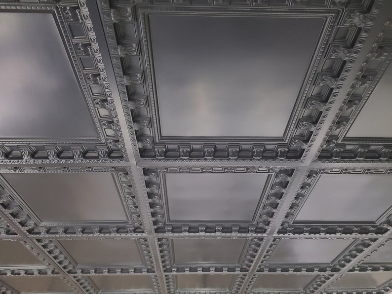 Coffered Faux Tin Decorative Ceiling Tiles. Model #236 Black Matte. Drop In into the existing 2x2 grid system (cannot be glued up) bild 5
