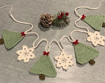 Crochet Christmas Bunting, Handmade Christmas Tree & Snowflake Garland