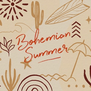 Ilustrações de verão - Gráficos simples de verão - Praia desenhada à mão e gráficos tropicais - Verão Boho - Ilustrações temáticas de verão - Ícones