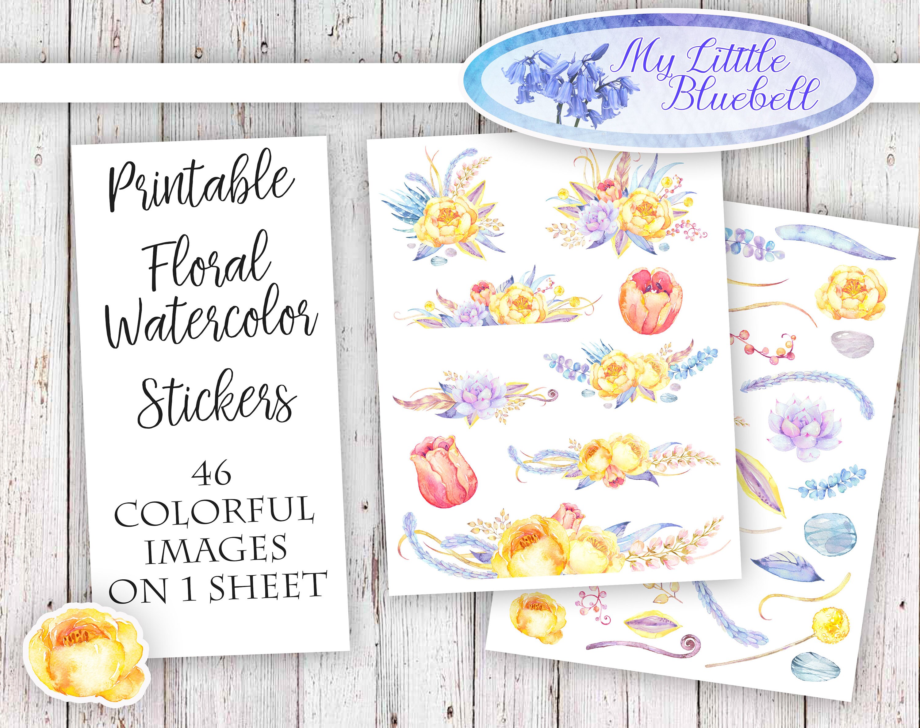 PRINTABLE FLORAL WATERCOLOR Stickers - 46 Images Included on 2 Jpeg & 2 ...