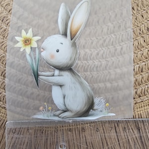 Könnte beinhalten: Ein graues Kaninchen, das eine gelbe Narzisse hält. Das Kaninchen steht auf einer grünen Grasfläche mit kleinen gelben Blumen.