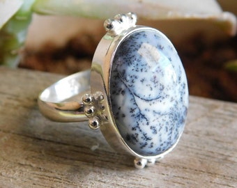 Artisan Handmade Sterling Silver size 7 Dendritic Opal Dendritic Agate Statement Ring with a Black onyx Wildflower