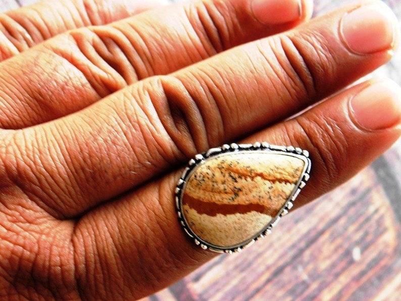 Sterling Silver ring Handmade ring Picture Jasper ring,Statement Ring US size-7.5 stone ring Picture ring,jewelry, R-492 Artisan Ring