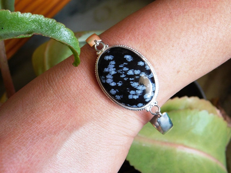 B-7 Natural Snowflake Obsidian Bracelet; Obsidian Bangle Bracelet,Silver Bangle Cuff Bracelet,Black and White Snowflake Obsidian bengle