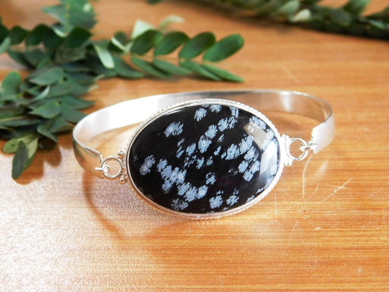 B-7 Natural Snowflake Obsidian Bracelet; Obsidian Bangle Bracelet,Silver Bangle Cuff Bracelet,Black and White Snowflake Obsidian bengle
