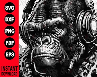 Gorilla with headphones / Jpg Svg Eps Png Dfx  / Cutfiles for Silhouette Designer, Cameo or Cricut / Digital Logo / Vector Illustration