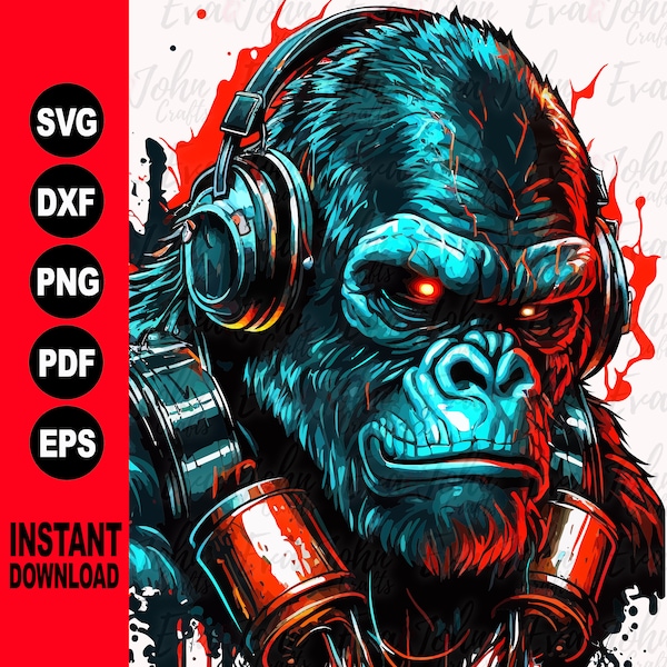 Gorilla with headphones color / Jpg Svg Eps Png Dfx  / Cutfiles for Silhouette Designer, Cameo or Cricut / Digital Logo /Vector Illustration