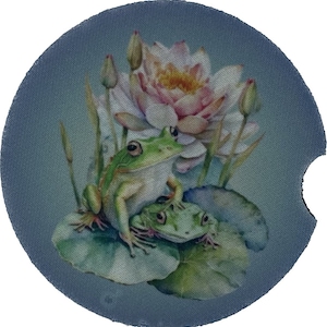 Cute Frogs and Waterlilies 2 pack Neoprene Car Coasters /cupholder