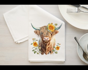 Paño de cocina Highland Cow Sunflower, tejido de gofre de microfibra, 16x24