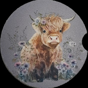 Highland Cow Car Coasters with Flowers - Neoprene 2-Pack