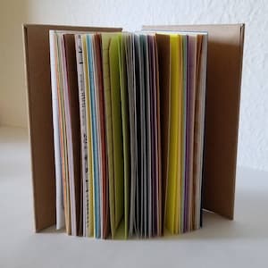 May include: A brown cardboard-covered notebook with a variety of colored pages. The pages are filled with lined paper, graph paper, and blank paper.