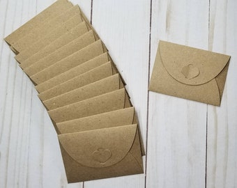 50 Small kraft envelopes with heart-closure, 3-1/8" wide by 2-1/4" high, Handmade from kraft cardstock