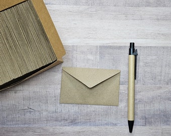 100 Small Kraft business card envelopes, 3-5/8" wide by 2-1/4" tall, Gift card envelopes with non-adhesive flaps, inserts available