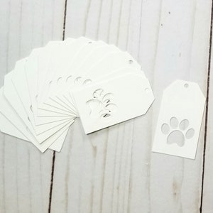 Set of 25 mini white watercolor paper tags, Blank, 2-3/8&quot; tall x 1-3/8&quot; wide, Paw print tag, Gift, jewelry, price tags, Strings available