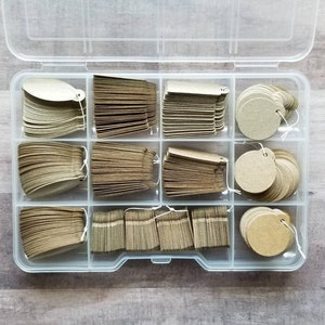 Kraft tags, 700 tags in 4 different styles in plastic storage case,  Mini price tags for jewelry, Perfect for craft fairs