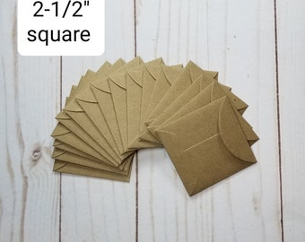 100 Small kraft envelopes, 2-1/2" square, Mini envelopes, Gift enclosures with non-adhesive flaps, inserts available