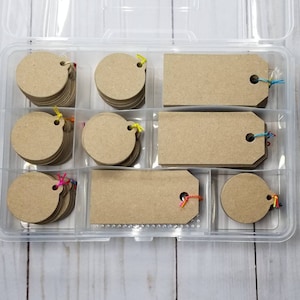 Étiquettes kraft, vierges, 850 étiquettes de 2 styles différents dans un étui de rangement en plastique, 65 livres. papier cartonné kraft, cadeau, bijoux, étiquettes de prix