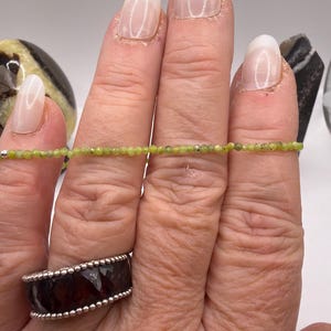 May include: A delicate necklace of small, light green beads strung on a thin silver chain. A dark red gemstone ring with a silver band is also visible. The background is a soft white.