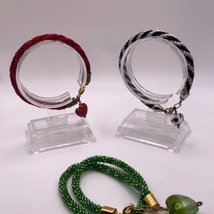 Kumihimo Lampwork heart bracelets with 1mm rattail cord Valentines bracelets gift for her, Red, black /white or seedbead dbl wrap green