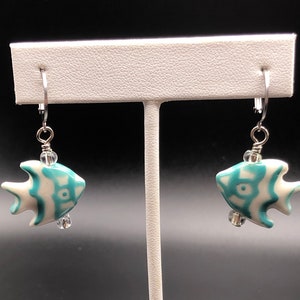 Blue Green Fish lamp work glass bead stainless steel lever back earring wire