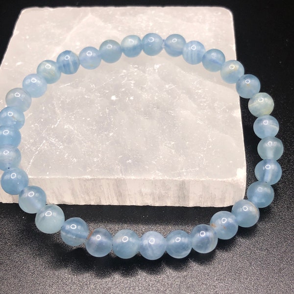 Grado AAA Argentina Lemurian Aquatine Blue Calcite 6mm Bracciale elasticizzato naturale autentico da donna • Felicità • Pace • Guarigione profonda