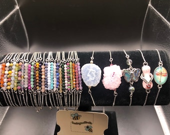Gemstone, Druzy and Charm adjustable silver plated slider bracelets one size fits 5 to size 9 inch wrist perfect gift Dainty box chain