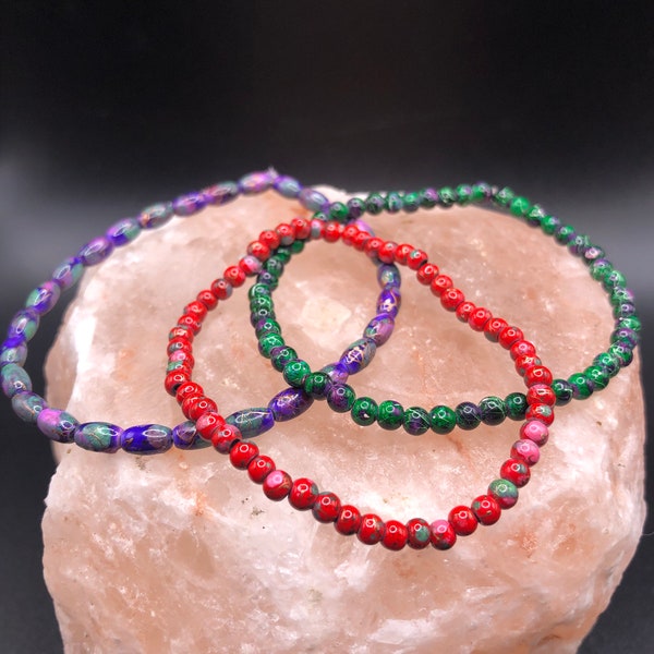 4mm magnetic Hematite purple, Red and Green Stretch Bracelet Healing Bracelet Gemstone Bracelet