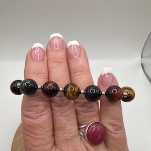 Tiger's Eye Multi-colored Beaded Bracelet: 12mm, Sterling Silver accent