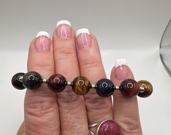 Tiger's Eye Multi-colored Beaded Bracelet: 12mm, Sterling Silver accent
